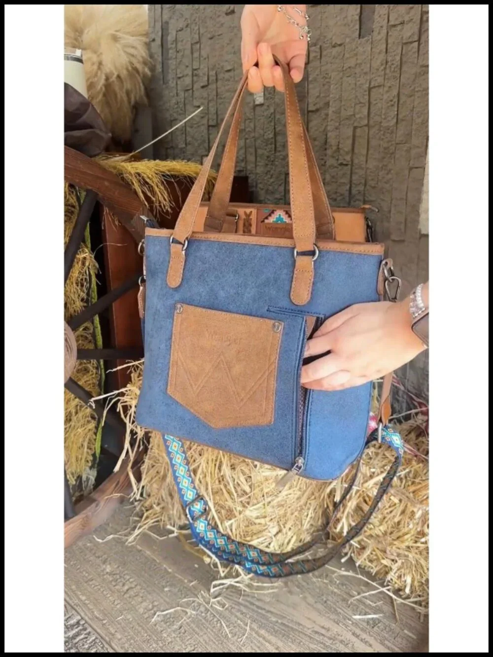 Western Aztec Print Tote Bag with Detachable Crossbody Strap